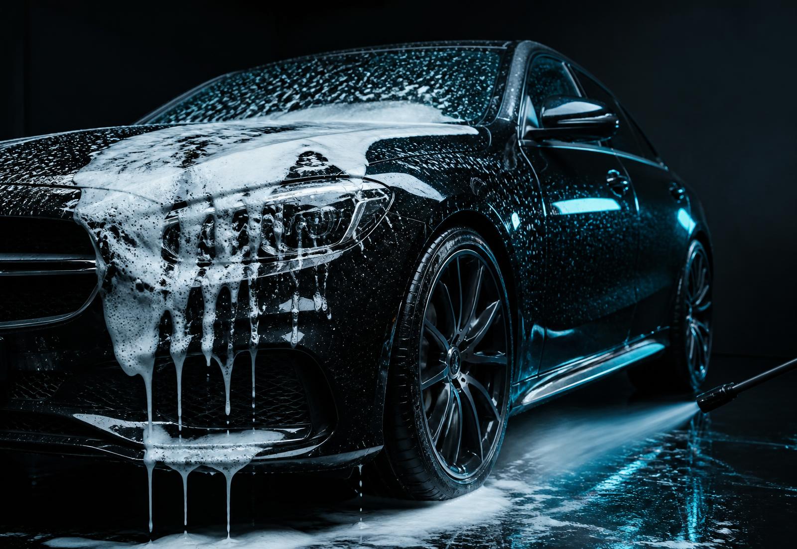 Glossy black sedan covered in white foam inside a professional car wash bay